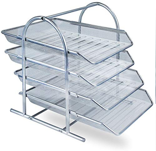 KAV Mesh Desk Organizer - 4 Tier Letter Tray for Office and Home, Space-Saving Document Storage, Front-Loading Pull Out Trays - Sturdy Steel Mesh Construction, Easy Assembly, Stylish Organize (Silver)
