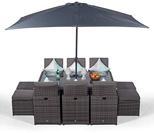 Giardino Large Rattan Cube Dining Set | 6 Seater Grey Rattan Dining Set | Outdoor Poly Rattan Garden Table & Chairs Set | Patio Conservatory Wicker Garden Dining Furniture with Parasol & Cover