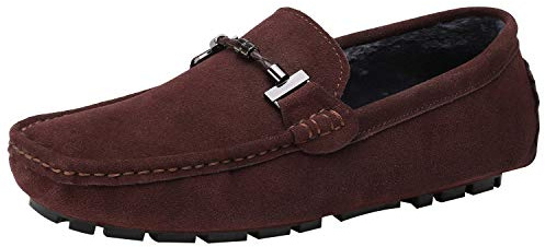 Jamron Mens Elegant Buckle Loafers Comfort Suede Driving Shoes Stylish Moccasin Slippers Coffee Plush SN19020-2 UK6.5