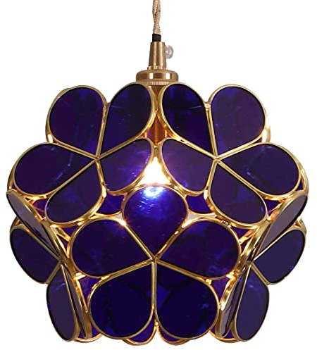 Bieye L30746 plafonnier en verre teinté à la fleur de cerisier de style Tiffany avec abat-jour large de 21 cm (Bleu foncé)