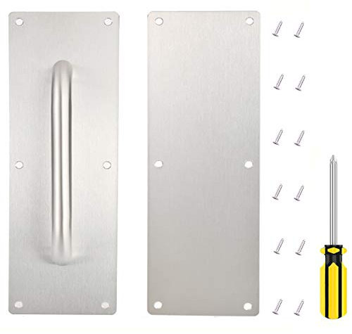 Abgream 304 Stainless Steel Door Handle - 1 Set Pull and Push Plate Door Handle with Screws and Screwdriver Suitable for Wooden or Composite Door (11.8’’ x 3.8’’) (Style A)