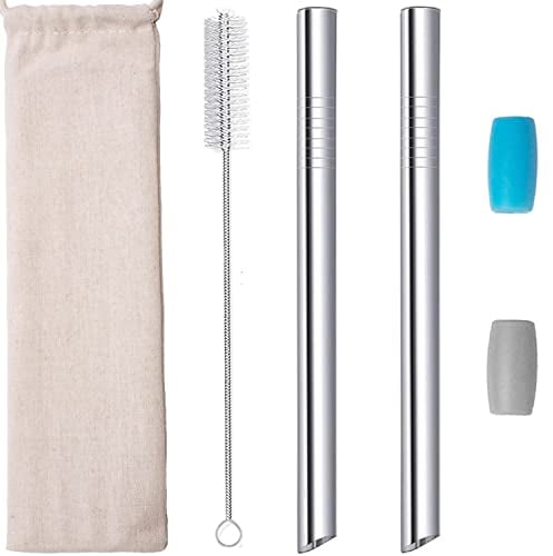 morneve Pailles réutilisables en Inox fer métal avec embouts coudés de et 12mm large 255mm Ultra Longueur pour Boba smoothies bubble tea milkshakes lait frappé perle tapioca, Argent 2pcs