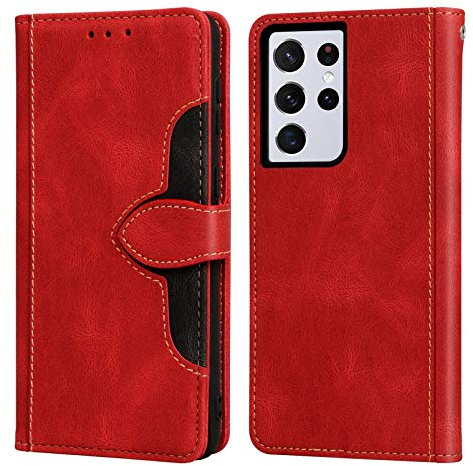 Hohosb Samsung Galaxy S21 Ultra Hülle,Galaxy S21 Ultra Handyhülle mit Kartenfach [Premium PU Leder] [Kartenfach] [Magnetverschluss] Klapphülle für Galaxy S21 Ultra Schutzhülle 6,8-rot