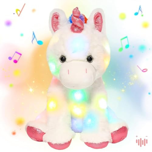 Hopearl LED Musical Plüsch Einhorn Leuchtet Singendes Plüschtier Lautstärkeregulierung Schlaflied Animierte Beruhigung Geburtstagsfest für Kinder Kleinkind Mädchen, Weiß, 33 cm