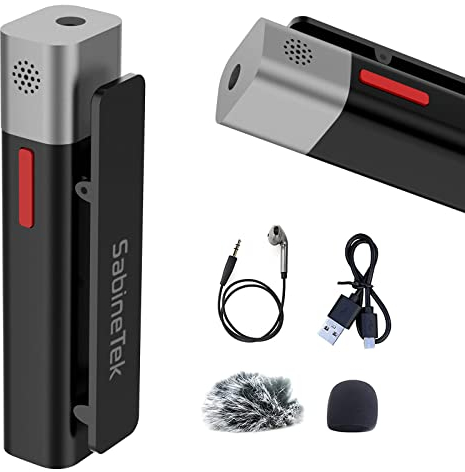 SabineTek SmartMike+ Bluetooth-Mikrofon, Kabelloses Bluetooth-Lavalier-Mikrofon, Ansteckmikrofon für iPhone Android Phone, Kompaktes kleines Mikrofon für Vlogger (Schwarz)