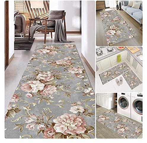 Siunwdiy teppichläufer grau,3D Blumenmuster flurteppich läufer lang,Rosen Rosa Grau Küchen Läufer Teppich Läufer Waschbar Für Korridor Schlafzimmer, Wohnzimmer,Grau,60x100cm