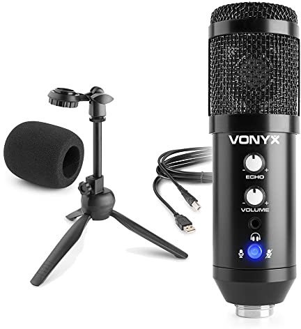 VONYX CM320B USB Condenser Microphone with Echo, Built-in Soundcard, 3.5mm Headphone Output and Desktop Stand - Ideal for Podcasting, Singing, Streaming, Gaming and Home Studios