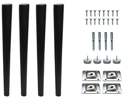 17.7’’ Wooden Tapered Cone Furniture Replacement Legs Black M8 Thread Angled Mounting Plates Protective Felt Pads Set Of 4 Legs For Sofa Cabinet Footstool Chair Bed Ottoman 45 CM