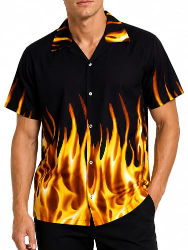 King Kameha Herren Hawaiihemd Kurzarm, Sommer Aloha Shirt mit Flammen Print