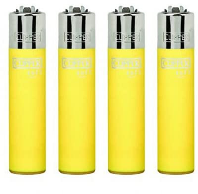 Original Clipper Feuerzeuge Einfarbig 4er Set (z.B. Soft Touch, Crystal, Metalic, solid Fluro) + 1 Clipper DHOBIA Feuerzeug GRATIS (Soft Touch #3 Gelb)
