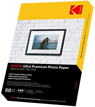 KODAK 4R Ultra Premium 280 g/m2, glänzend fotopapier, DIN 10 x 15 cm, 50 Blatt für Tintenstrahldrucker, photopapier Fotokarten Photokarten Sofort Trocken Wasserfest Hochweiß fotoblätter