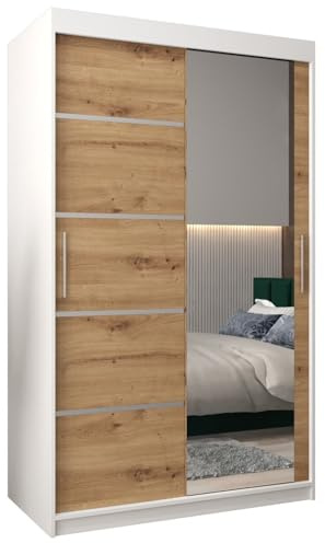 MEBLE KRYSPOL Kleiderschrank mit Spiegel Verona 2 - Garderobenschrank - Schrank Schlafzimmer - Mehrzweckschrank Zwei Schiebetüren - Regalen - Flur Möbel - Kleiderstange Schrank - Allzweckschrank