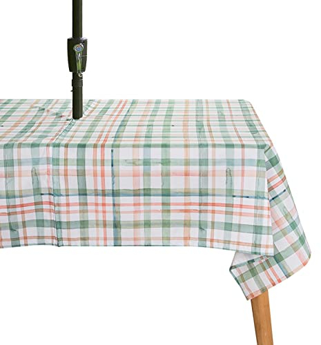XQKXHZ Sommer Outdoor Tischdecken mit Schirmloch und Reißverschluss,abwischbare wasserdichte gartentischdecke,Grün rot Karierte Tischdecke für Party Hochzeit Picknick Camping,153x305cm