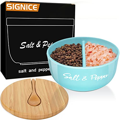 Ceramic Salt and Pepper Bowls - Signice Salt Cellar with Bamboo Lid and Spoon, Farmhouse Salt Box Holder Pepper Container Set with Two Compartments for Countertop, Modern Kitchen Decor(Turquoise)