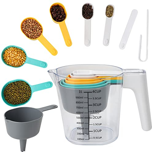 Kurtzy 10 Stk Messlöffel & Messbecher Set - Messbecher 1L & 6 Messlöffel - BPA-Freies Kunststoff Küchenutensilien Set - Stapelbare Messbecher zum Kochen/Backen für Flüssige, Feste & Trockene Zutaten