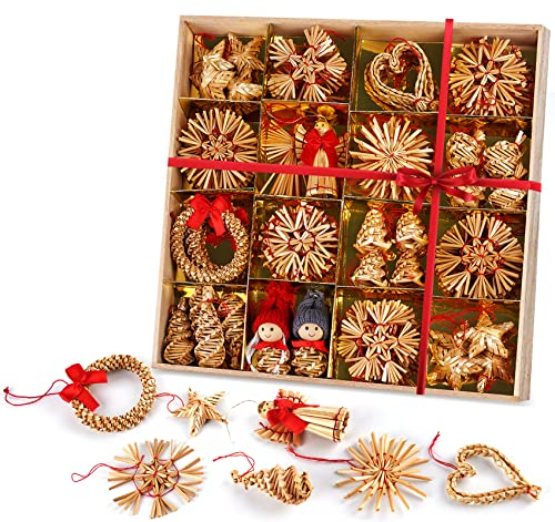 HOUISM 68-teiliges Strohsterne Schneeflocke Set, Weihnachtsbaumschmuck aus Stroh, Christbaumschmuck Strohanhänger Natürlicher Christbaum-Behang mit Holzbox für Weihnachtlicher Baumschmuck