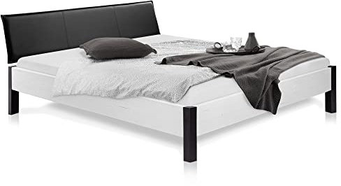 LUKY Bett mit Metallfuß, Material Massivholz, Fichte Weiss, mit Polsterkopfteil