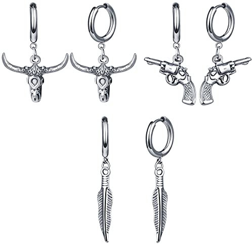 feilok 3 Paar Edelstahl Ohrring für Männer Creolen Ohrpiercing Ohrstecker für Männer Frauen mit Anhänger Feder Pistole Stierkopf