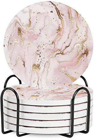 Coasters for Drinks, Round Absorbent Ceramic Stone Coasters Set of 6 with Cork Base, Funny Drink Coasters with Holder for Cold Drinks Wine Mugs and Cups Tabletop Protection, 4 Inches (Pink Golden)