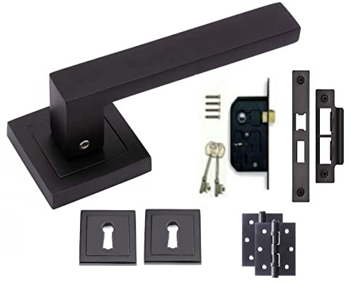 Golden Grace Delta Door Handles Lock Set on Square Rose, Key Lock Set | Supplied with ball bearing hinges, matte black escutcheons, 64mm mortise mechanism and fixing screws for internal woodwork.