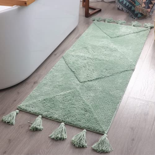 Mintgrüner Boho-Läufer mit Quasten, lang, hellgrün, Badematte, blaugrün, Badezimmerteppich, groß, salbeigrün, Badematten, böhmisch, aqua, Läufer, niedlich, erdiges Badezimmer, rutschfest, 20x60 cm