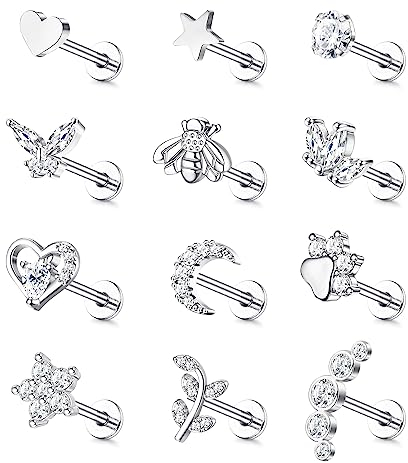 JewBella 12 Stück 16G Knorpel Helix Ohrringe für Damen Herren Chirurgenstahl Innengewinde CZ Mond Herz Stern Blatt Labret Medusa Nasenstecker Conch Tragus Helix Piercing Silber/Gold
