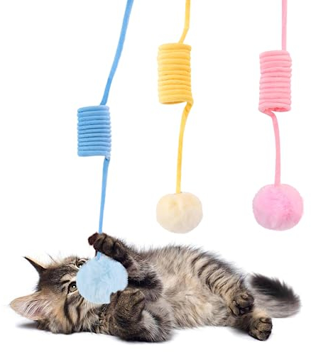 BEE&FLOWER 3 Stück Katzen Frühlingsspielzeug, Selbstbeschäftigung Hängende Dehnbare Katze Frühling mit Glocke&Saugnapf, weiche Plüsch Interaktive Katze Spielzeug für Katzenauslauf & gegen Langeweile