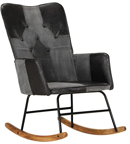 Bussandri Exclusive - Schaukelstuhl Schwarz Echtleder und Canvas