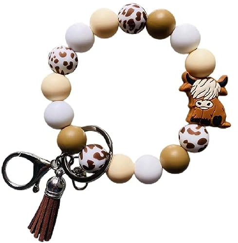 Lemua Highlandcow Schlüsselanhänger, Armband mit Kuh-Druck, Silikonperlen, Schlüsselanhänger, Armband für Frauen und Mädchen, Kaffee, Large
