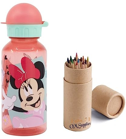 OM SUPPLIES Gourde réutilisable en plastique sans BPA pour enfants Motif personnages Minnie 370 ml – Vacances, rentrée scolaire – Comprend un ensemble de 12 crayons (Minnie)