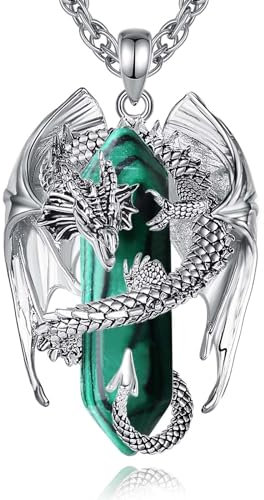 INFUSEU Drachen Kette, Kristall Halskette Nordischer Drache Eingewickelt Zylinder Edelstein Malachit Vintage Anhänger Sechseckiger Heilkristall Gothic Natürlicher Geschenk für Männer Frauen