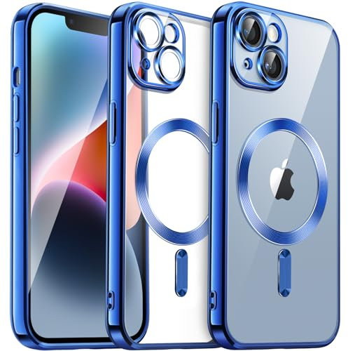 JETech Cover Trasparente Morbida per iPhone 14 Plus 6,7 Pollici, Obiettivo per Fotocamera Protezione, Compatibile con MagSafe Ricarica Wireless, Custodia Placcatura con TPU (Profondo Blu)