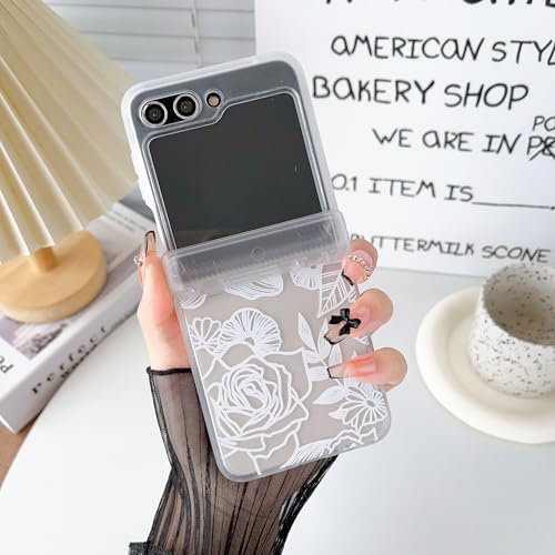 XIZYO Clear Flip Case for Samsung Galaxy Z Flip 5, Cute Rose Flower Floral Pattern Phone Case with Hinge Protection, for Girls Women Luxury Anti-Scratch Transparent Frosted Protective Case, White