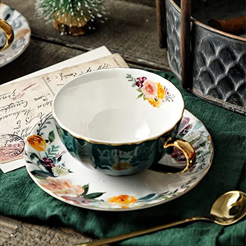 ONEUSTAR Tea Cup and Saucer Set for 1 Bone China Floral Teacup with Spoon 8 oz Coffee Cup Cappuccino Latte Mug for Birthday Christmas Gift, Green