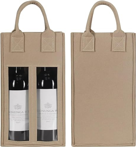 MEETOZ Double Wine Bag with Window, Felt Bottle Gift Bag with Handle Reusable Wine Carrier Tote Bag for Party Favors Travel, Camping, Gift Wrap Bags Great Gift for Wine Lover(1pc)