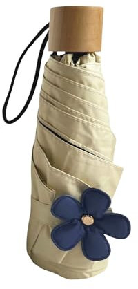 ThreeH Mini-Reiseschirm Holzgriff Sonnenschutz UPF 50+ Blumengurte Schwarze Beschichtung UV-Blockierung Leichter Taschenschirm, Beige
