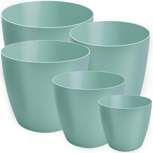 PECZEKO Lot de 5 Pots de Fleurs Mats 12/14/16/18/20 cm en Plastique pour Grandes et Petites Plantes Vert