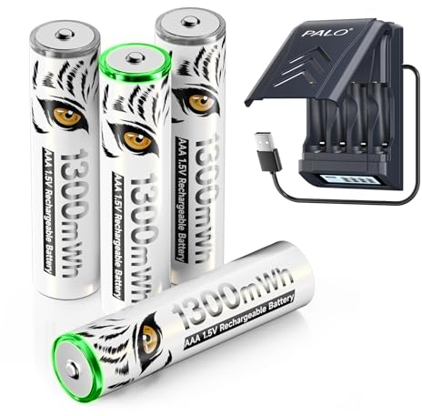 Mspalocell 1300mWh 1,5V Batterie au Lithium AAA Rechargeable avec Chargeur, Chargeur Rapide de Batterie au Lithium AAA 1,2V Ni-MH/1,5V, câble USB intégré Chargeur Intelligent LCD, 4 Piles AAA