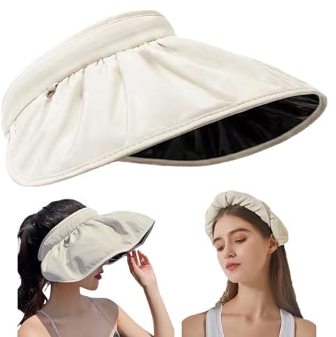KASESSS Faltbar Sonnenschutz Kopf Damen, 2 in 1 Sonnenkappe Damen/Haarreifen, Sonnenschild Damen UV Schutz, Breite Krempe Visor Cap, Sommer Sonnencap Damen, Sonnenhut Damen für Sport im Freien, Beige