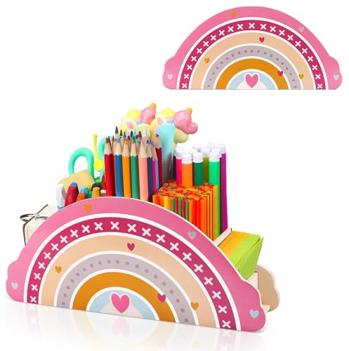Jiahuade Stiftehalter Kinder Regenbogen,Schreibtisch Büro Organizer,Stiftköcher Schreibtisch,Stifte Organizer Holz,Tisch-Organizer,Regenbogen Organizer,Schreibtisch Organizer Regenbogen (A)