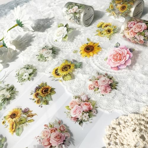 Arpaper Washi Tape Set,3 Rolls Blumen PET Wide Washi Tapes Transparent Sticker für Scrapbooking, Journaling,Bullet Journals, Planner,Mobile phones, photo albums DIY(Blumenmeer 2)