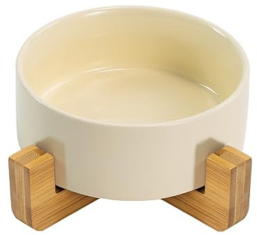 SPUNKYJUNKY Gamelle Double en céramique avec Support en Bambou pour Chiens de Grande Taille (1800 ML, Blanc Cassé)