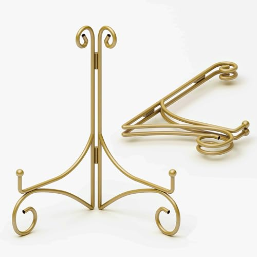 Soporte de placa de 12 pulgadas para exhibición, soporte de caballete de hierro vintage dorado para granja de imágenes, fotos, libros fríos, tarjetas, plato, plato decorativo, paquete de 2