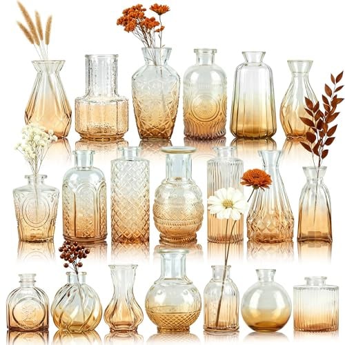 Der Rose 20 Stück Vintage Bernsteinfarben Kleine Vasen für Tischdeko | Reliefmuster im Glas Farbige Glasakzente Auch ohne Blumen dekorativ Als Diffuserflasche Kerzenhalter nutzbar