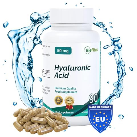 Hyaluron Kapseln Hochdosiert - 90 Hyaluronsäure Kapseln mit 50mg 100% reine Vegan Hyaluron für die Aufrechterhaltung der Feuchtigkeit in den Haut- & Gelenkzellen - 1 Kapsel pro Tag