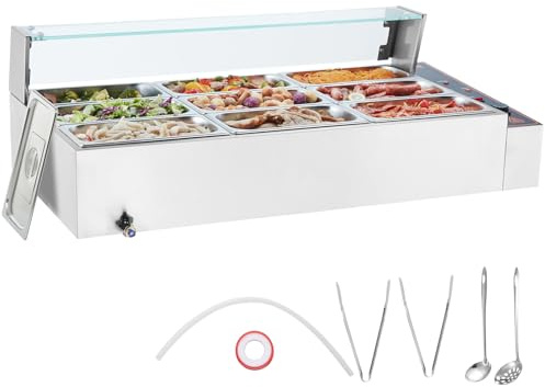 VEVOR Chauffe-Plat Buffet à 9 Bacs de 4,7 L, Bain-Marie Électrique 1500 W, Buffet Chauffant en INOX, Écran en Verre, Température Réglable 30-85 °C, pour Réchauffer Aliments Restauration Soirée Fête