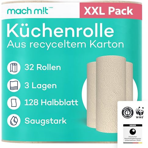 32 x Küchenrolle 3-lagig - 128 Halbblatt pro Rolle – frei von Bleichmitteln – Made in Germany - aus recyceltem Karton – extra saugstark & umweltschonend - recycelbar – Küchenpapier – mach m!t Pure