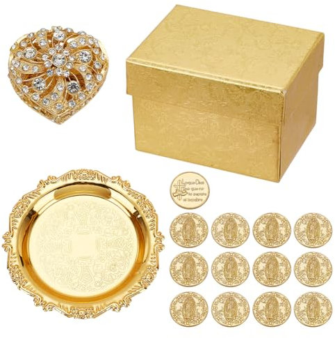 ORIGACH Arras de Boda de oro, caja en forma de corazón con 13 monedas de Jesús y bandeja en relieve, accesorios de boda para ceremonia