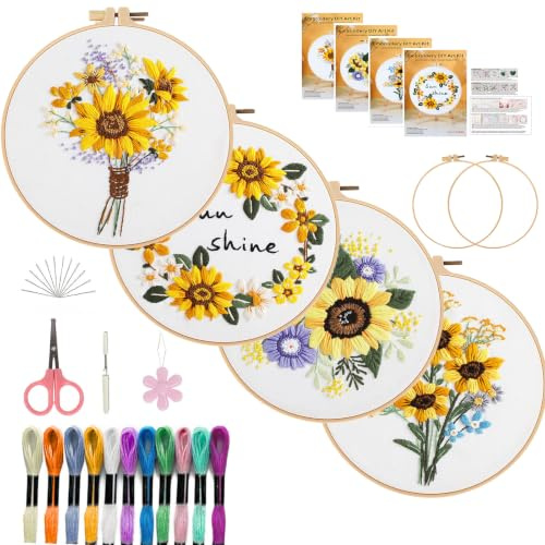 SHIPKEY 4 Sets Embroidery Kit, Cross Stitches for Beginners, Stamped Sunflower