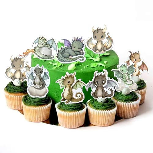 Drachen Party Cupcake Toppers Drachen Geburtstag Party Tortendekoration | 24 PCS Drachen Party Cupcake Toppers Drachen Geburtstag Party Dekoration Drache Thema Cupcake Topper Versorgung Fantasy